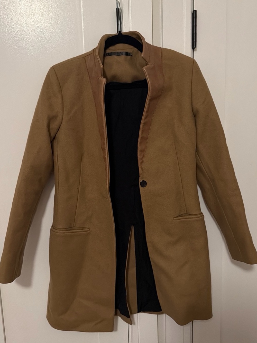 Tan & brown wool peacoat with leather collar